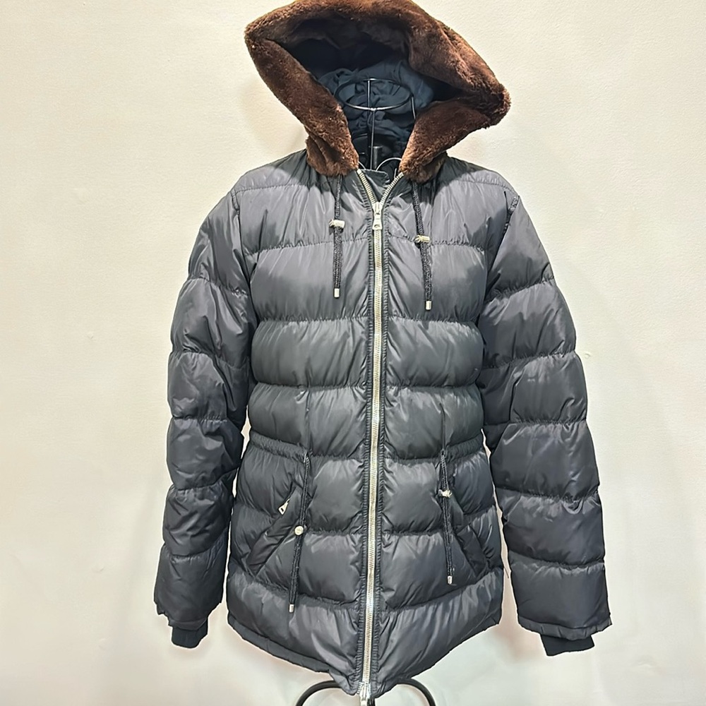 Ladies Prada Nylon Puffer Jacket with Fur Trim Hood